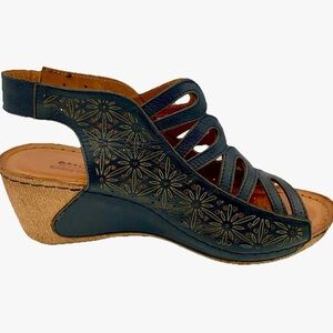Spring Step Inocencia Wedge Sandal 8.5M EU 39 Black Leather‎ Laser Cut Gladiator
